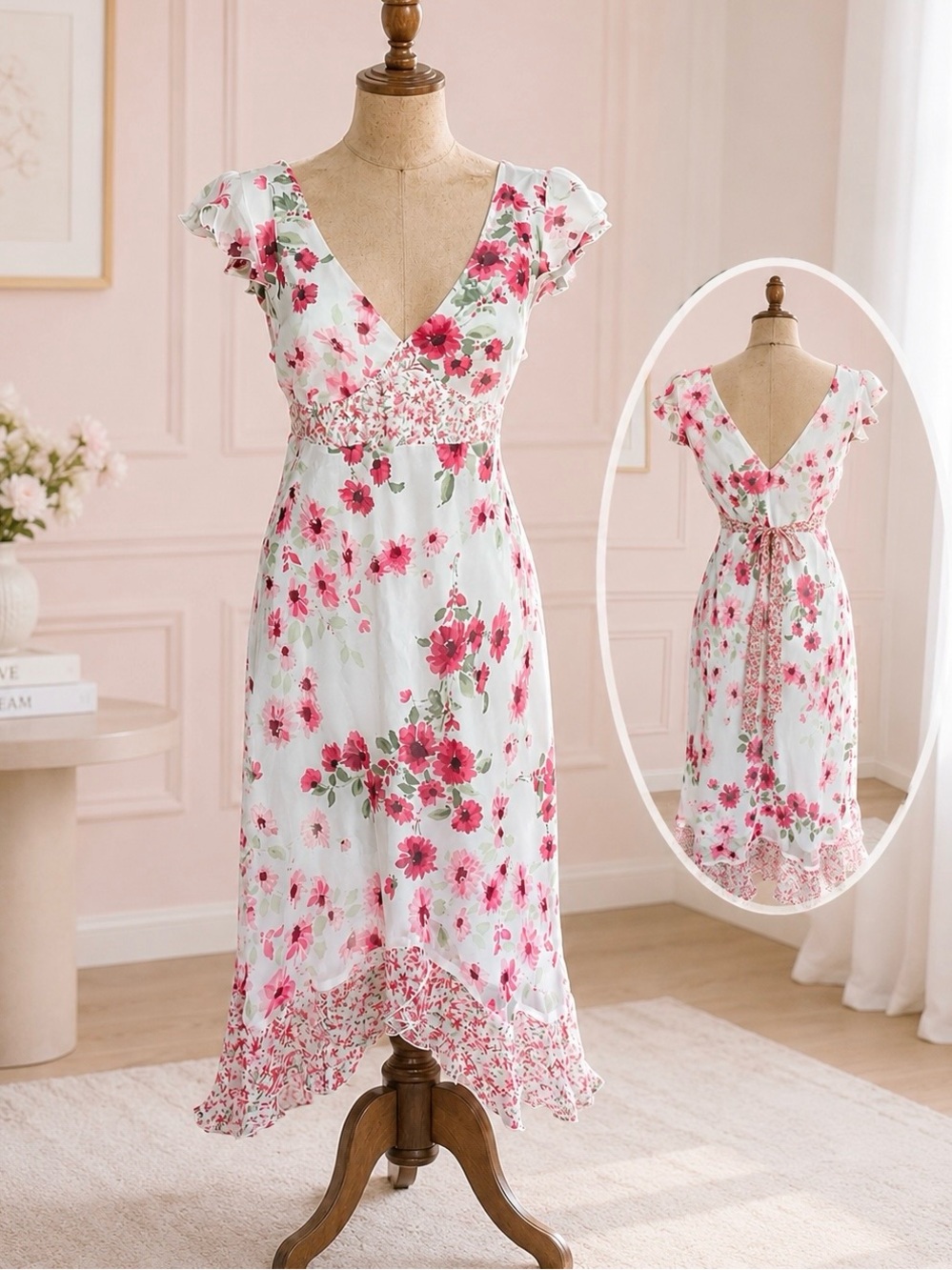 Y2K Floral Chiffon Empire Waist Dress Cottagecore Romantic Flutter Sleeve Ruffle